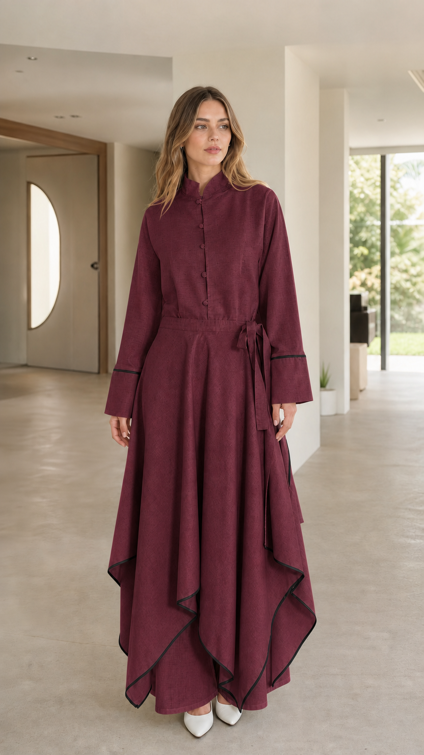 Front view of woman wearing burgundy maxi dress with contrast trim