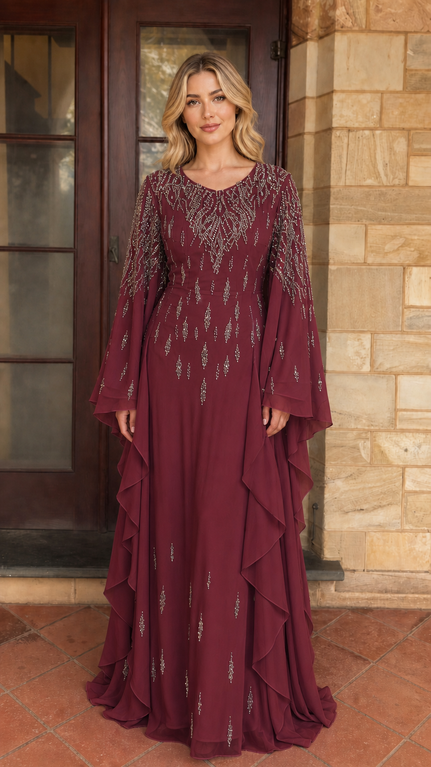 Model wearing burgundy beaded long sleeve maxi dress