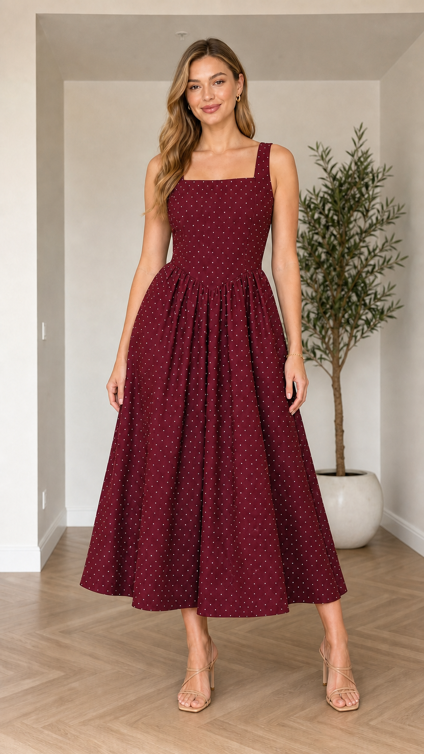 Front view of model wearing burgundy wine polka dot square neck midi dress