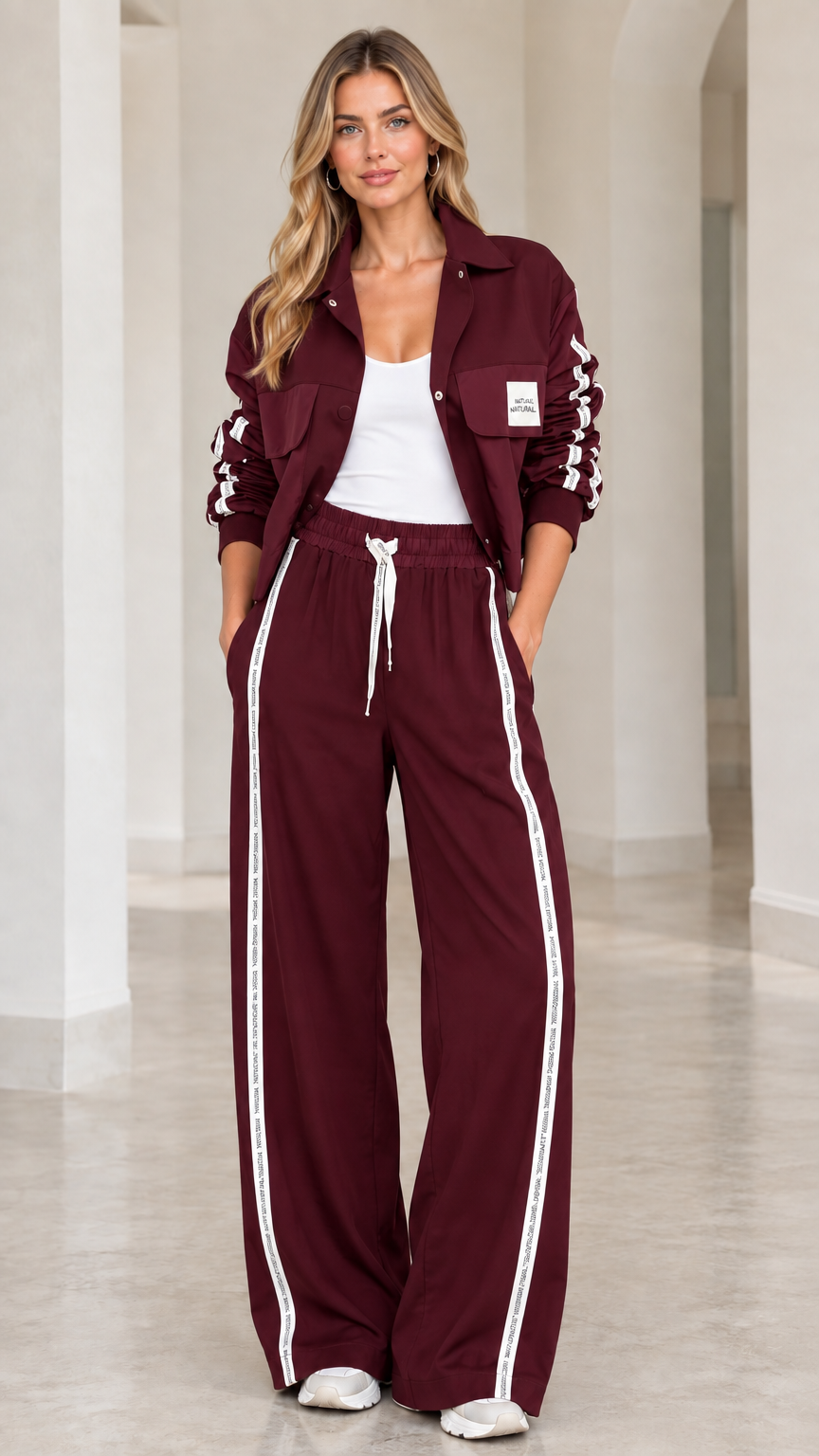 Model wearing Burgundy 2-piece cropped jacket and wide-leg casual pants set