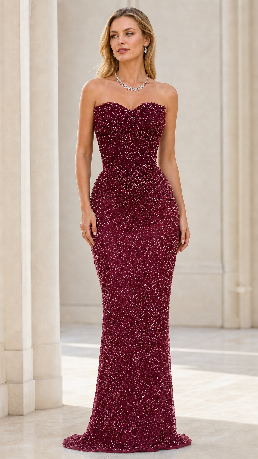 Front view of model wearing burgundy beaded strapless mermaid evening gown