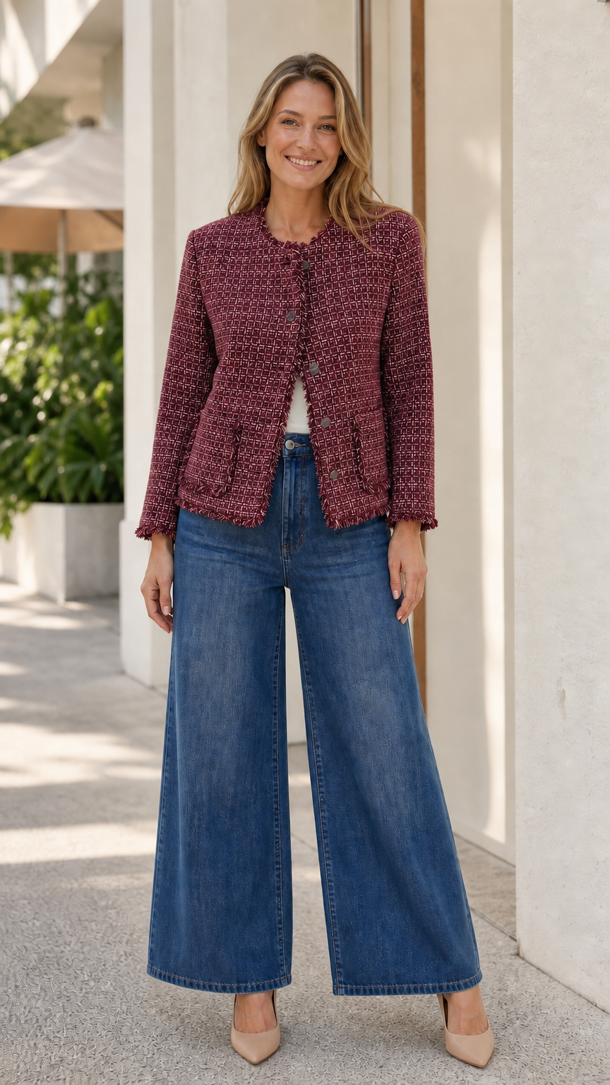 Model wearing burgundy fringe-trim tweed jacket