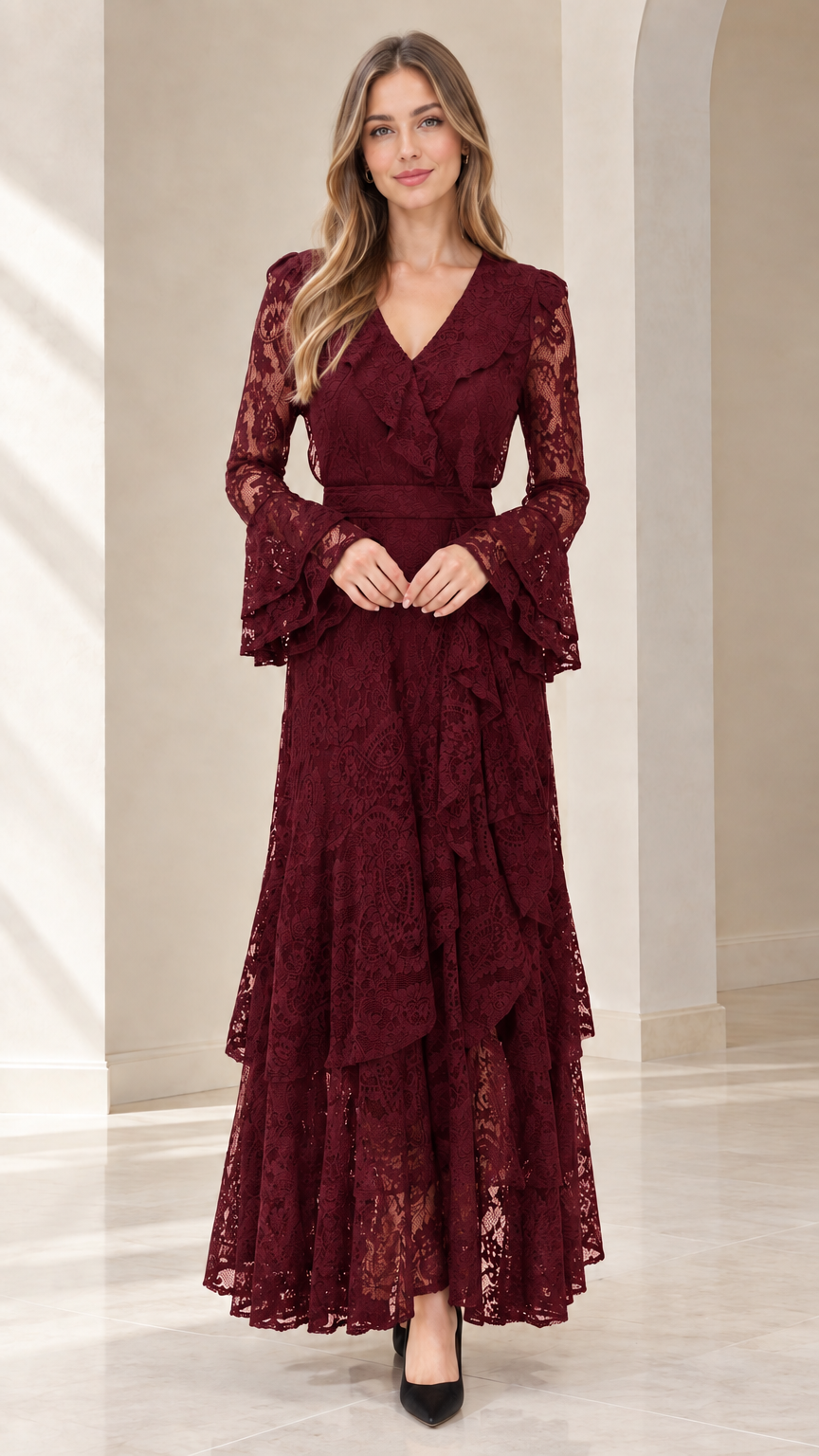 Front full view of woman wearing burgundy wine red tiered lace formal dress