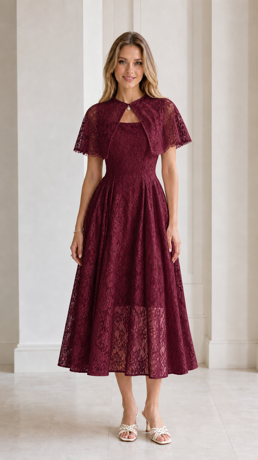 Model wearing Burgundy Floral Lace Capelet Midi Dress