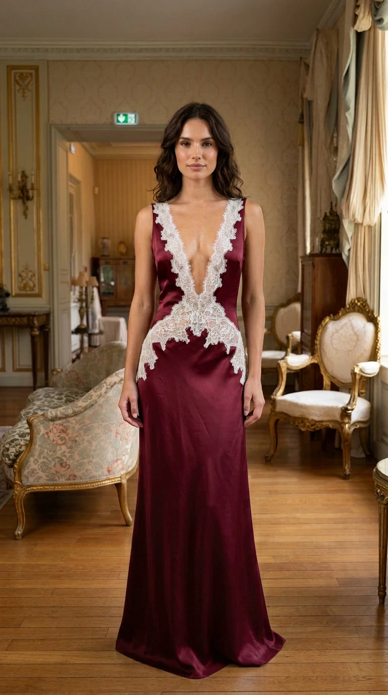 Front view of burgundy satin maxi dress with lace trim