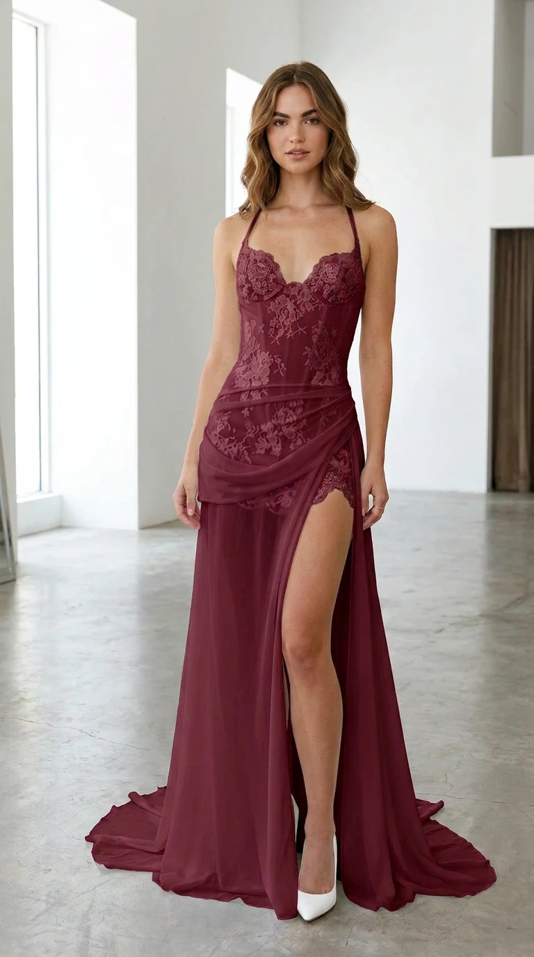 Model wearing burgundy wine red lace corset evening dress with high slit