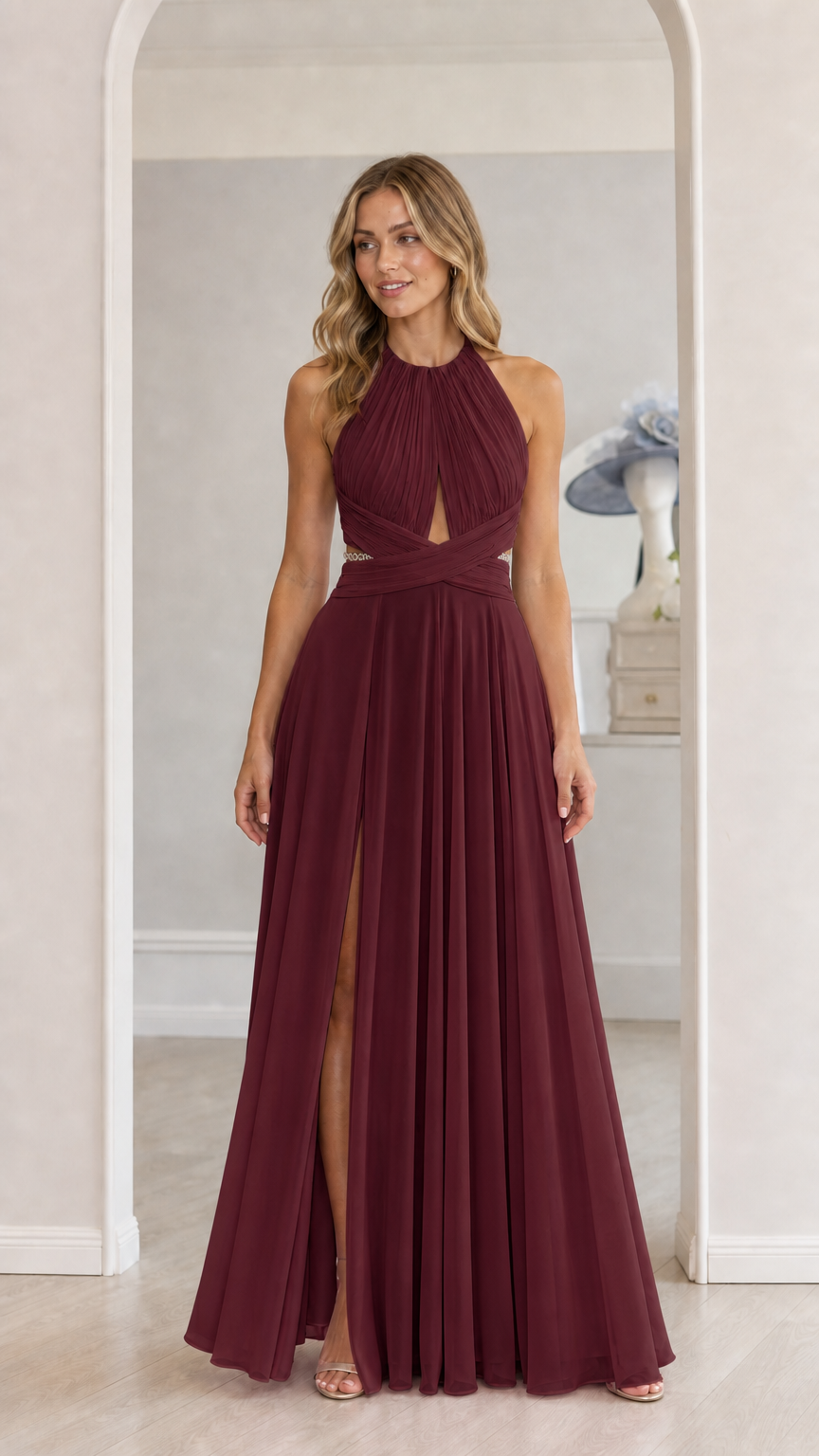 Model wearing burgundy chiffon halter maxi dress with front slit
