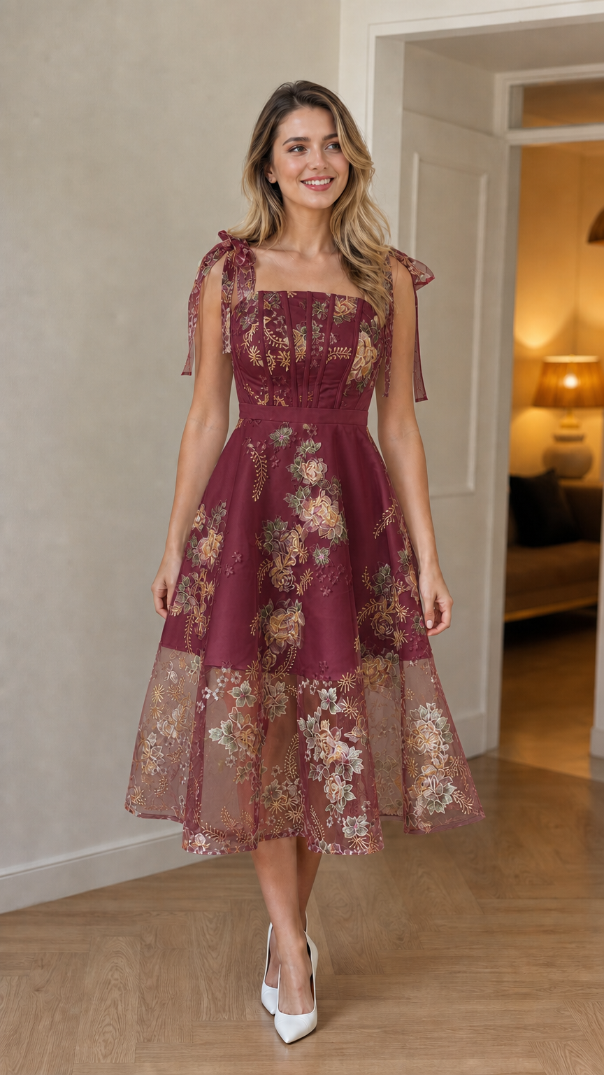 Burgundy floral embroidered tie-strap midi dress on model