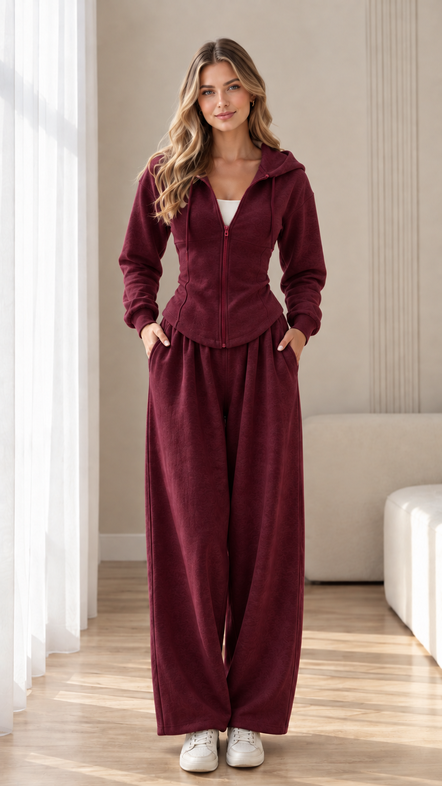 Front view of model wearing burgundy red corset hoodie and wide-leg sweatpants set