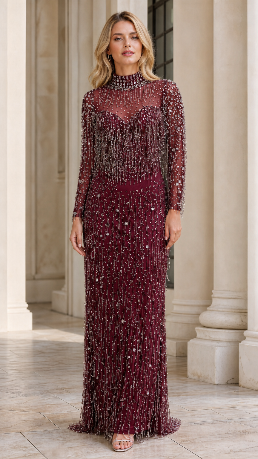 Model wearing burgundy beaded long sleeve evening gown