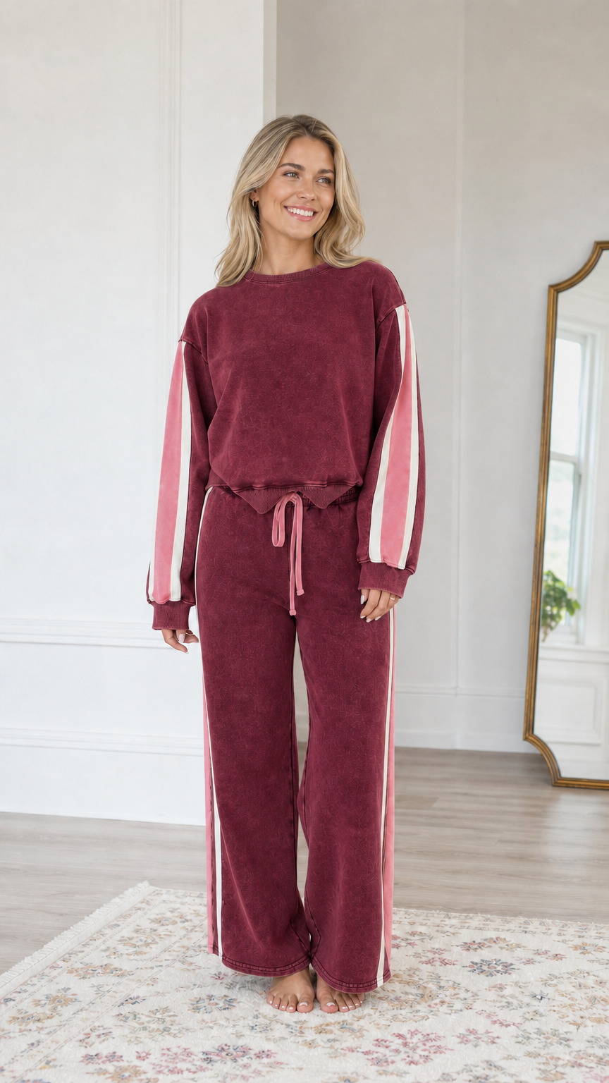 Front view of model wearing the Burgundy wine-red two-piece lounge tracksuit set