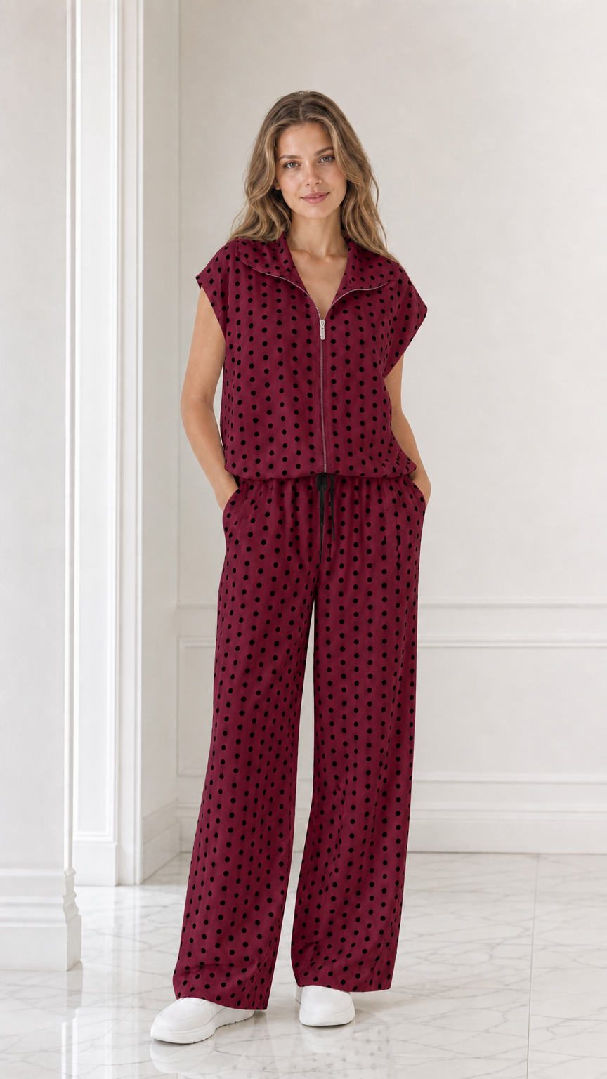 Model wearing burgundy red polka dot two-piece set with wide leg pants