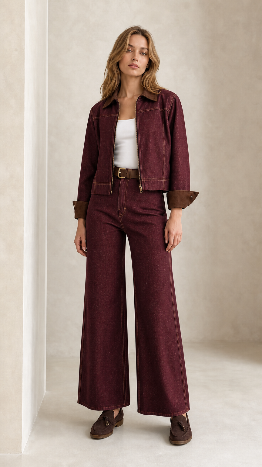 Model wearing Burgundy denim jacket and wide leg trousers set