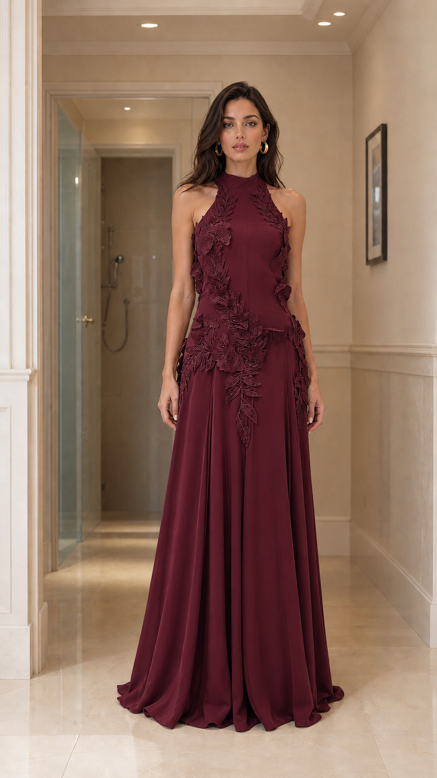 Front view of burgundy halter neck evening gown