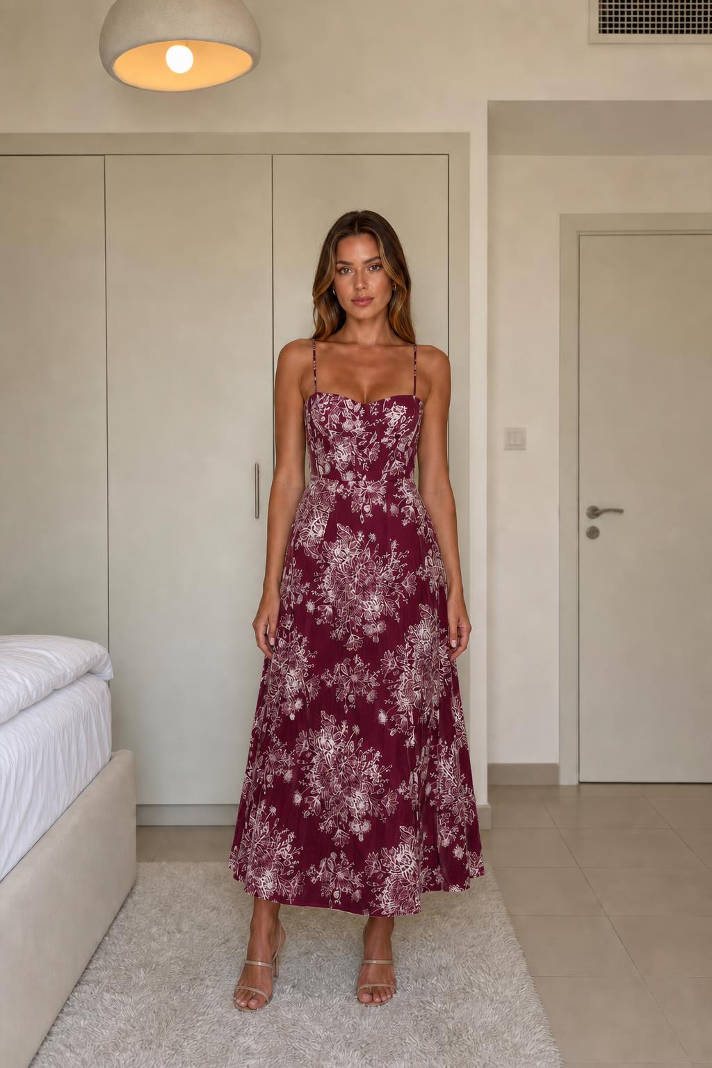 Burgundy floral midi dress variant