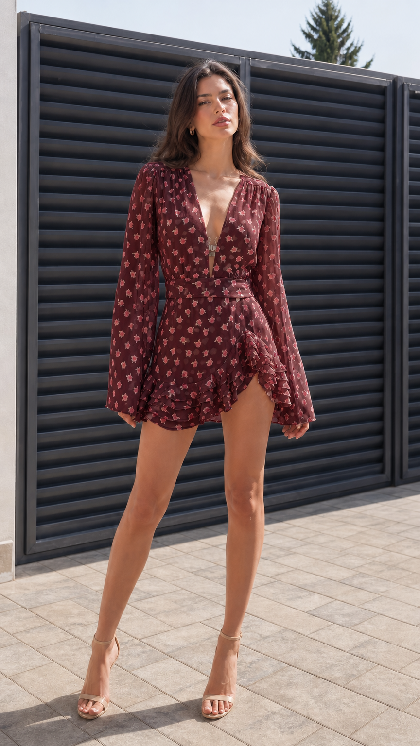 Full front view of model wearing burgundy floral mini dress