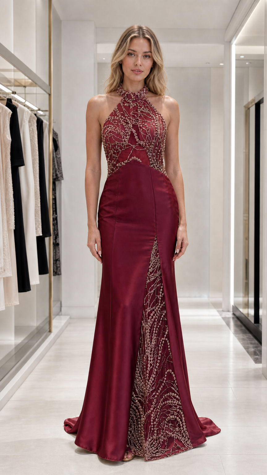 Front view of burgundy red color variant in formal styling