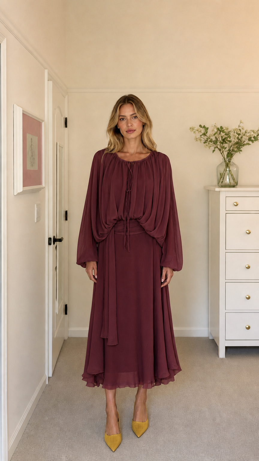 Model wearing burgundy long-sleeve pleated midi dress