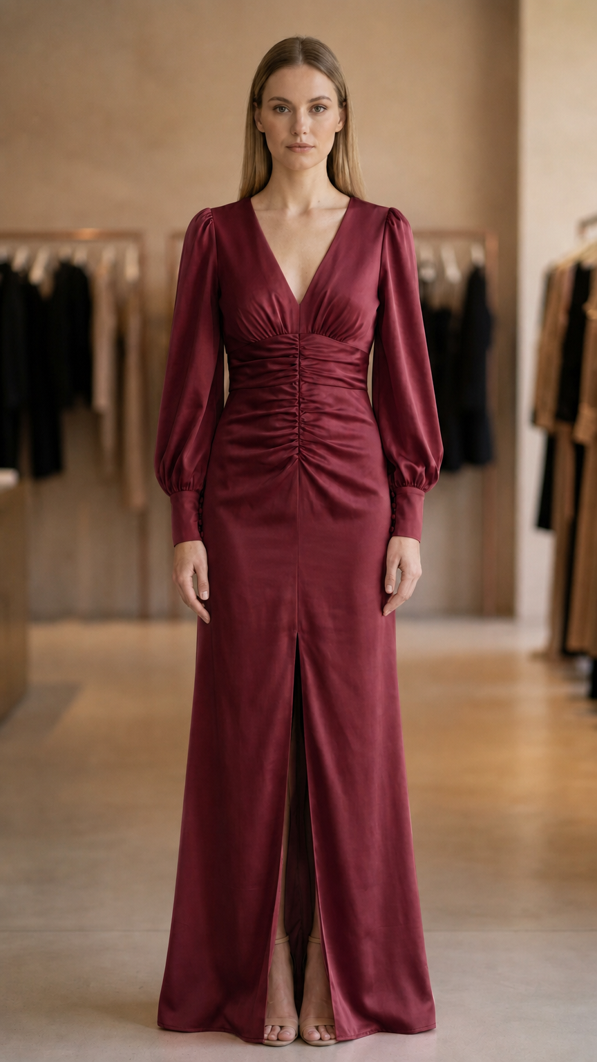 Model wearing burgundy evening maxi dress