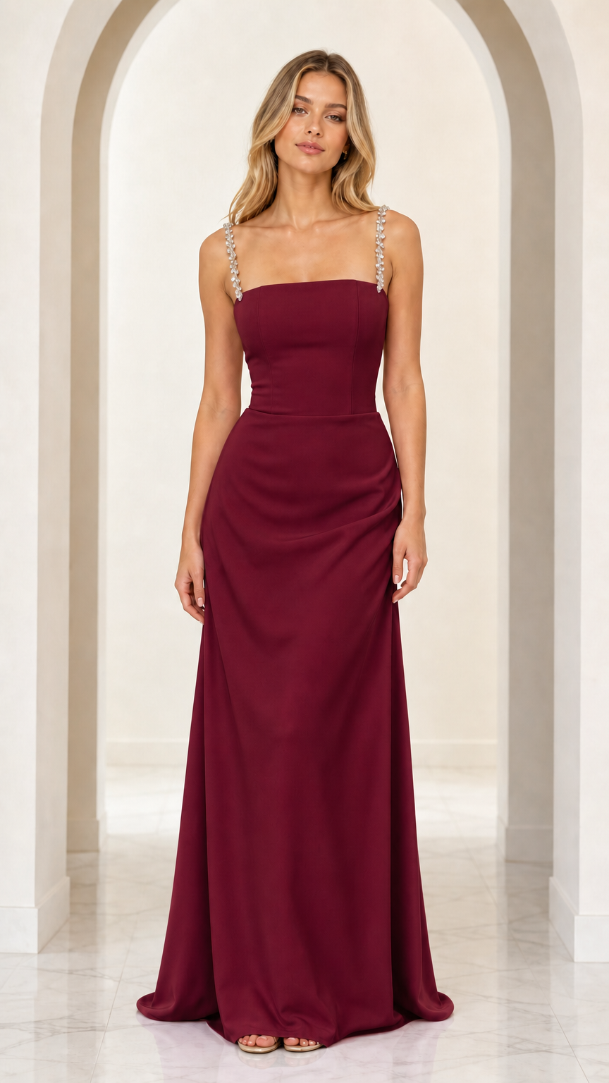 Burgundy wine red column evening dress with crystal straps