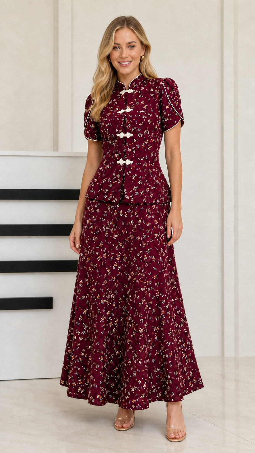 Wine Red floral print Mandarin collar two-piece maxi set