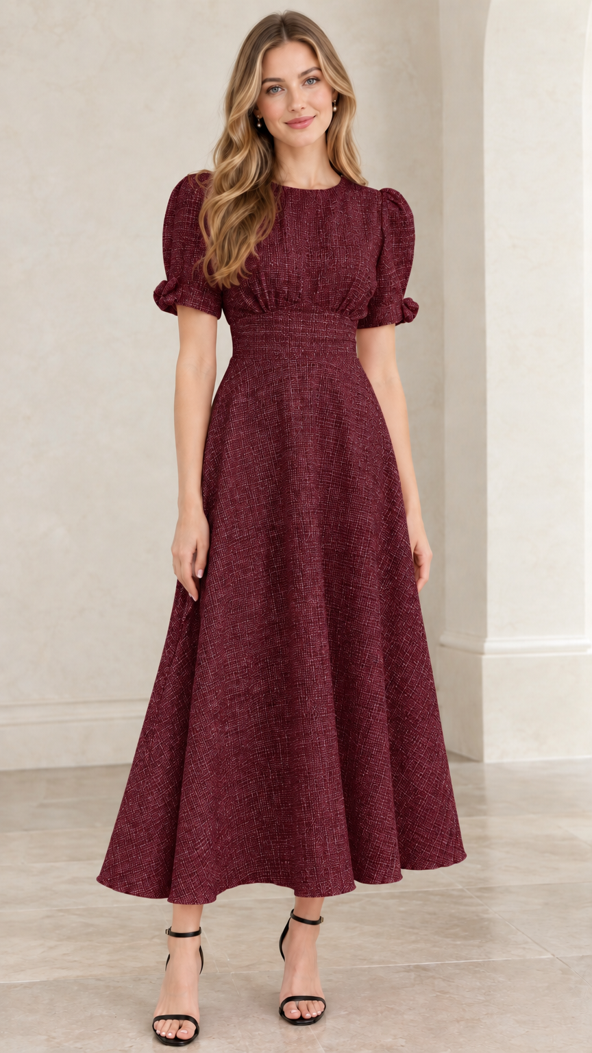 Model wearing burgundy wine textured tweed puff sleeve midi dress