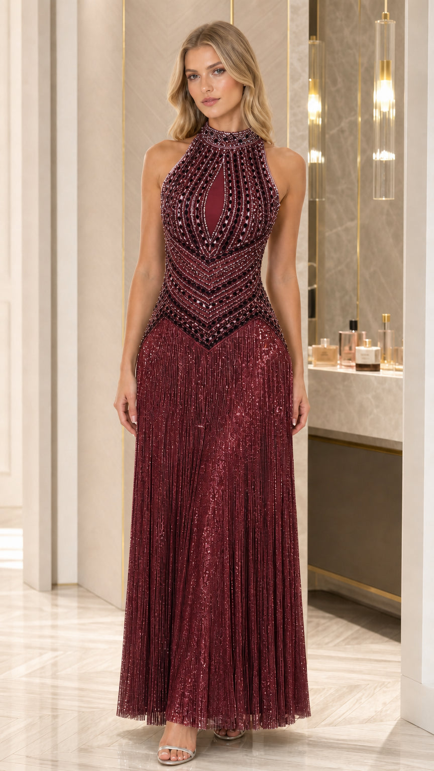 Burgundy embellished halter fringe maxi evening gown