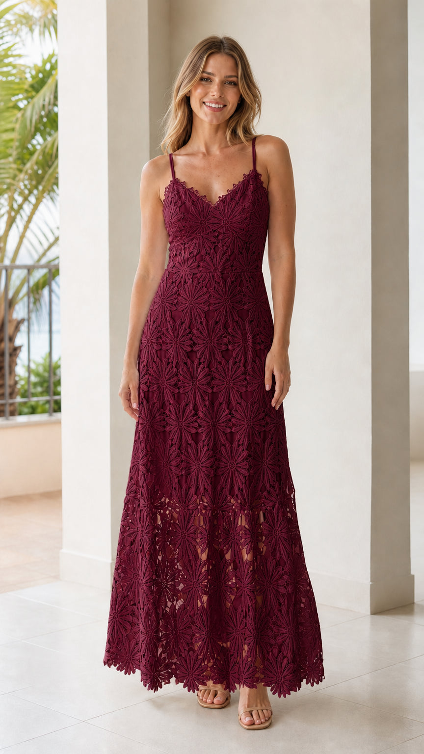 Burgundy wine floral lace sleeveless maxi dress front view on model