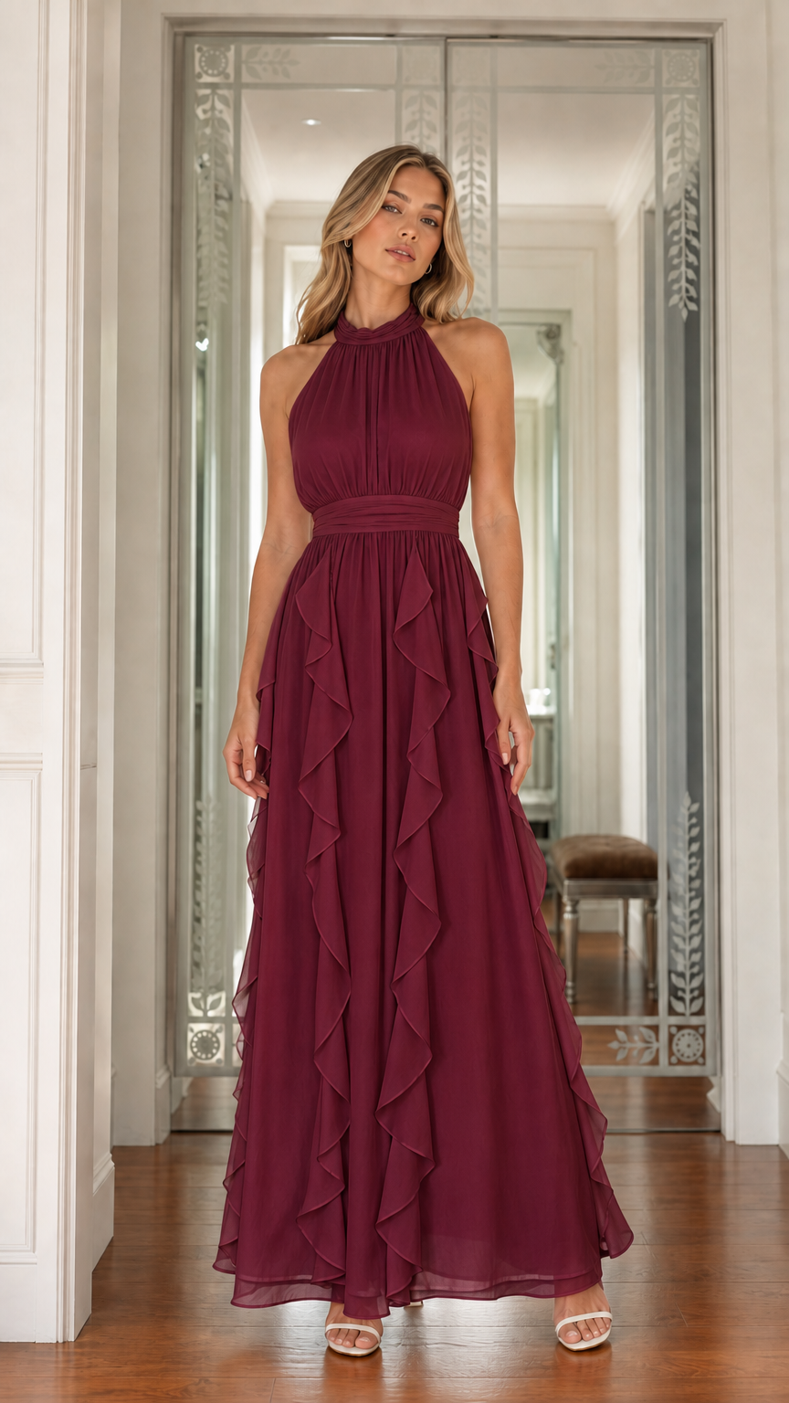 Full front view of model wearing burgundy halter neck cascading ruffle maxi dress