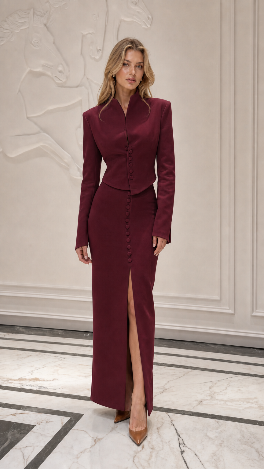 Model wearing burgundy formal two-piece jacket and skirt set