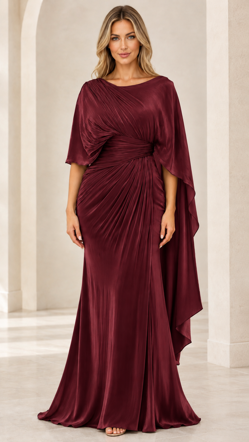 Burgundy wine pleated cape sleeve formal gown