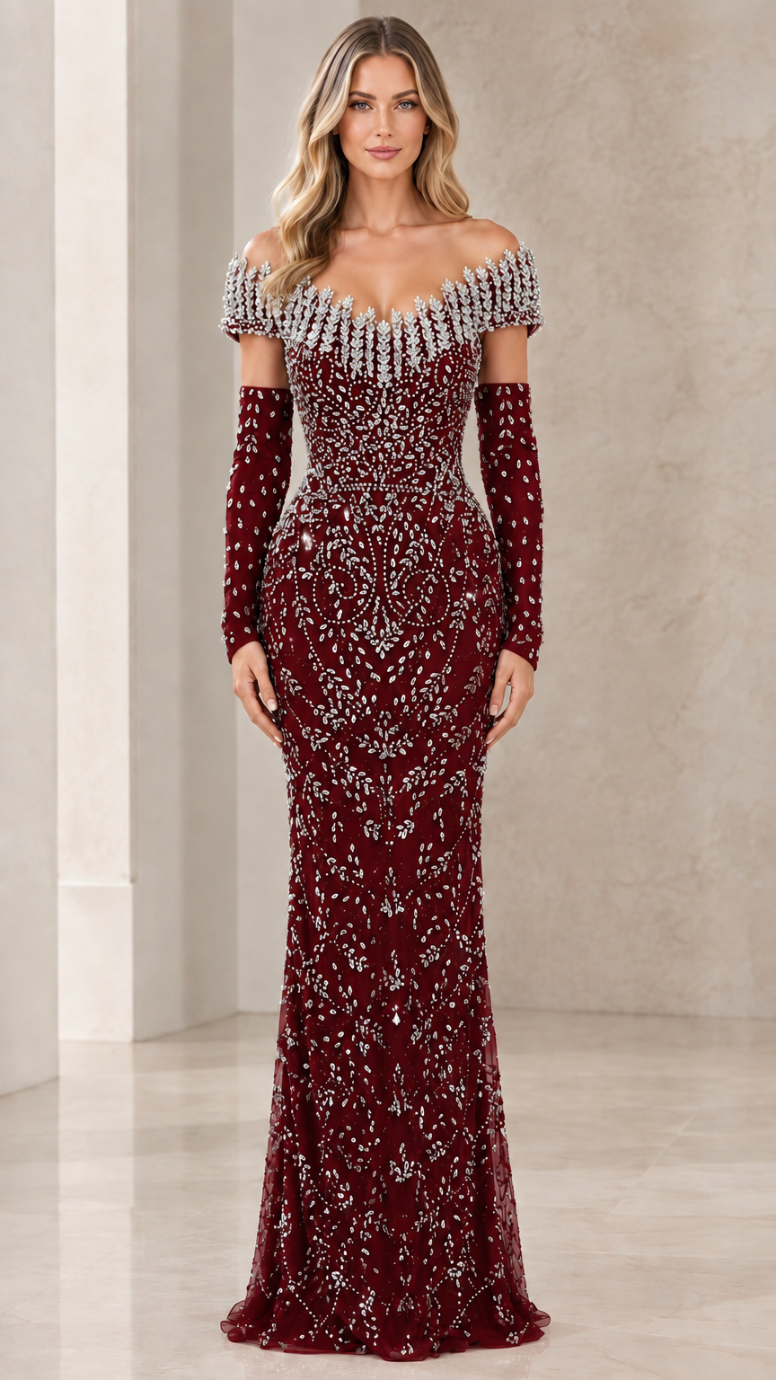 Burgundy red beaded evening gown with matching long embellished gloves