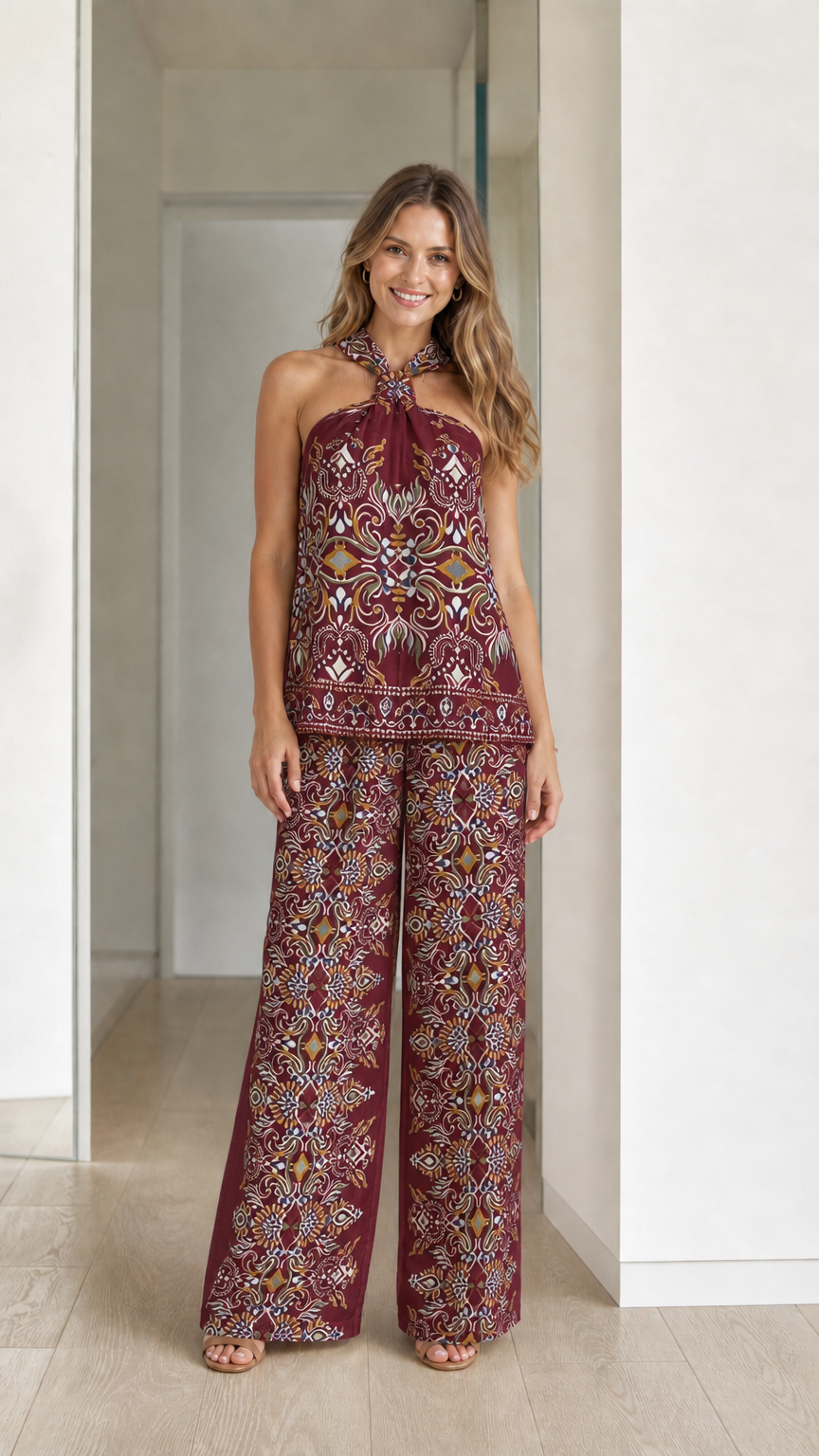 Model wearing burgundy boho printed two-piece set