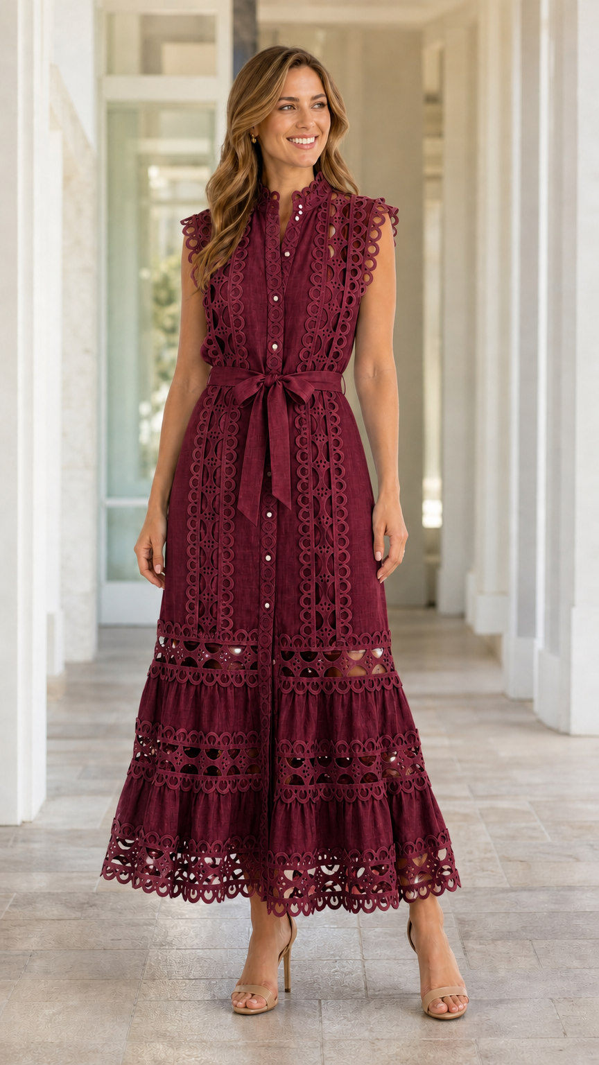 Full length view of model wearing Burgundy eyelet lace midi dress