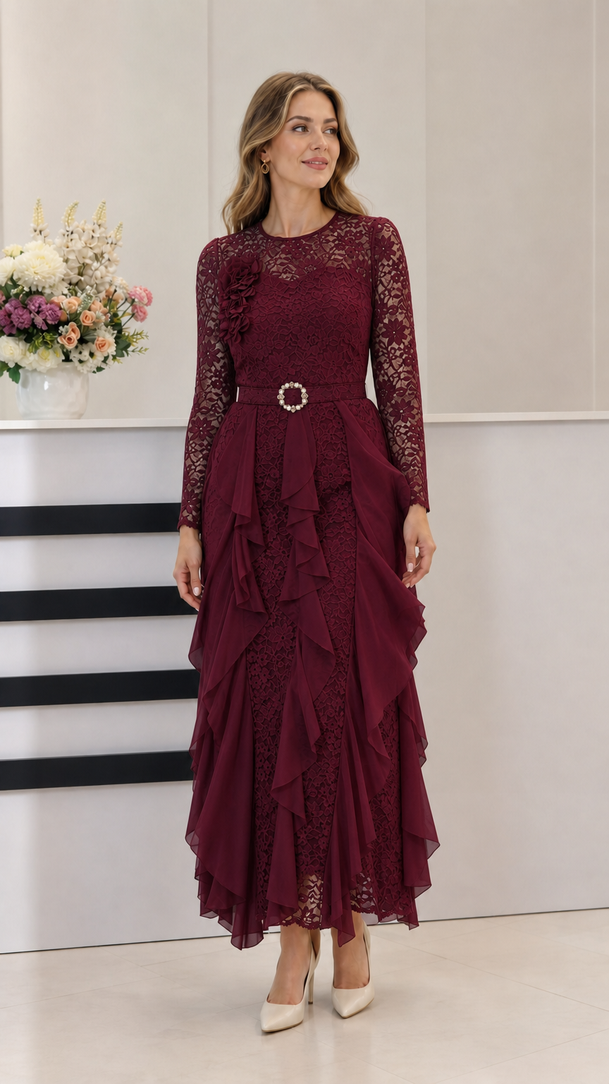 Burgundy wine long sleeve lace belted formal gown with ruffle skirt