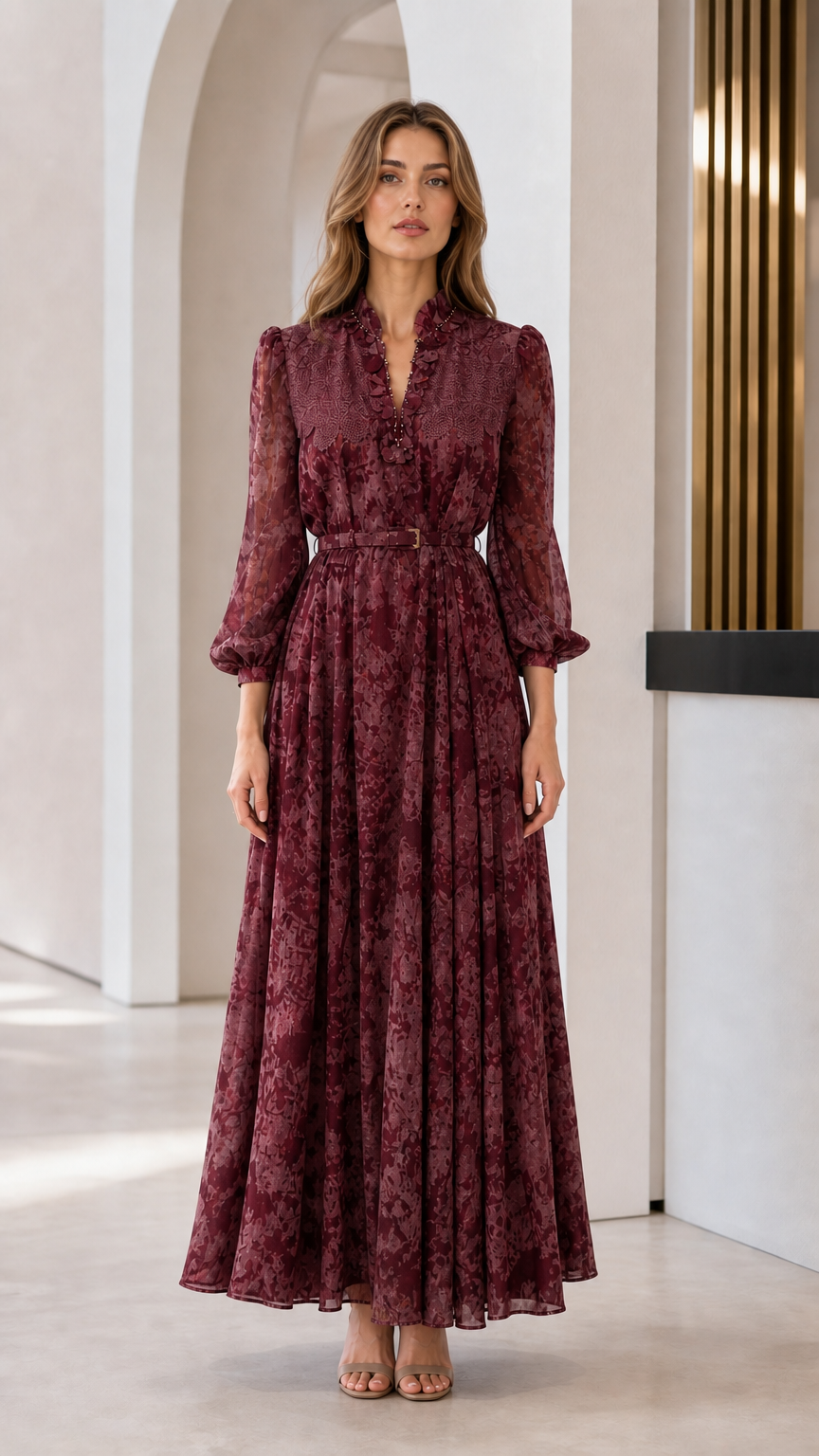 Model wearing burgundy floral long sleeve maxi dress