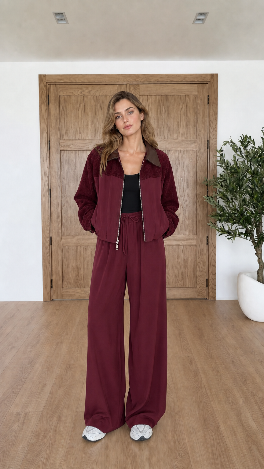 Model wearing burgundy wine two-piece jacket and wide leg pants set