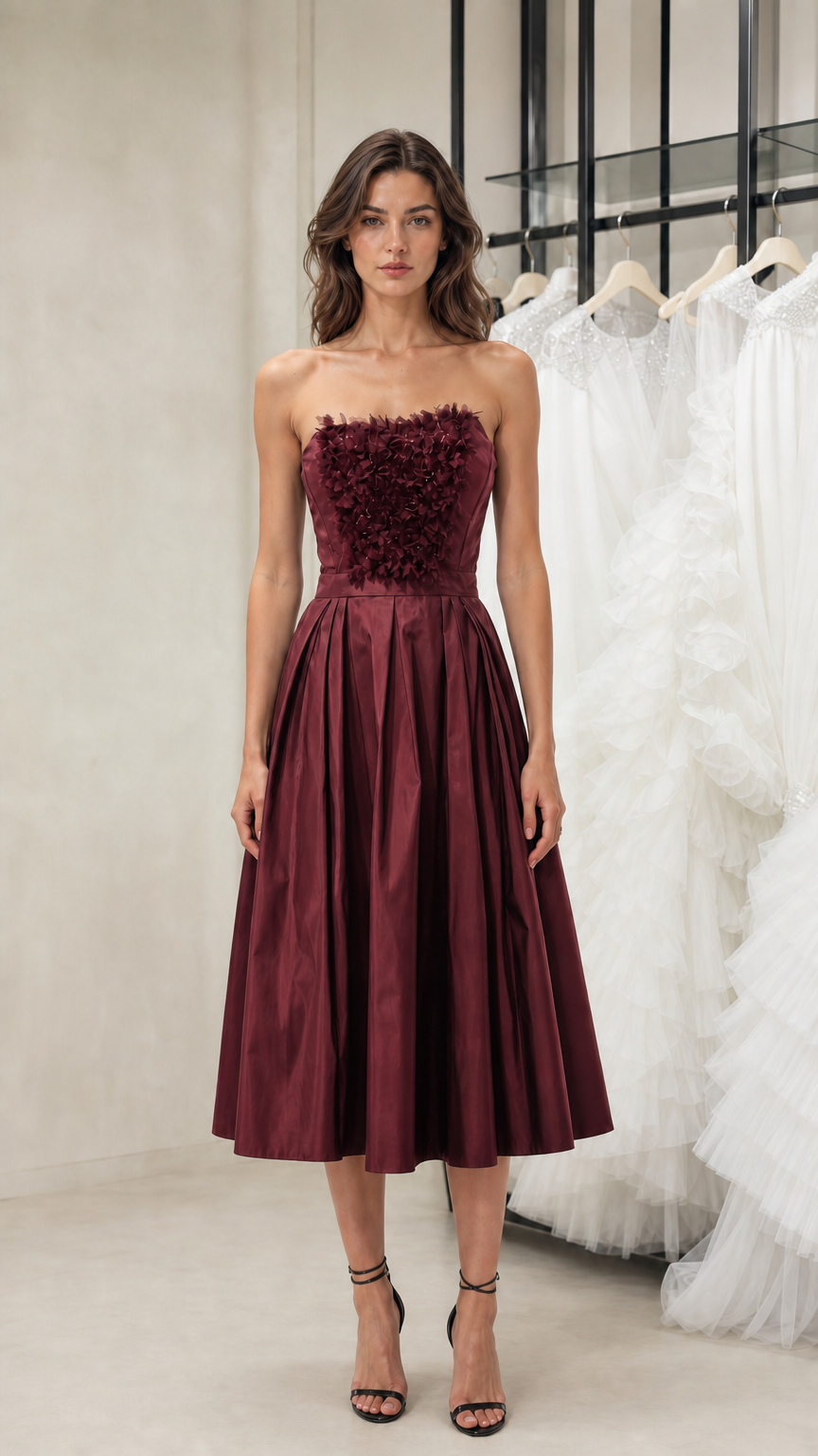 Front view of model wearing burgundy strapless midi dress