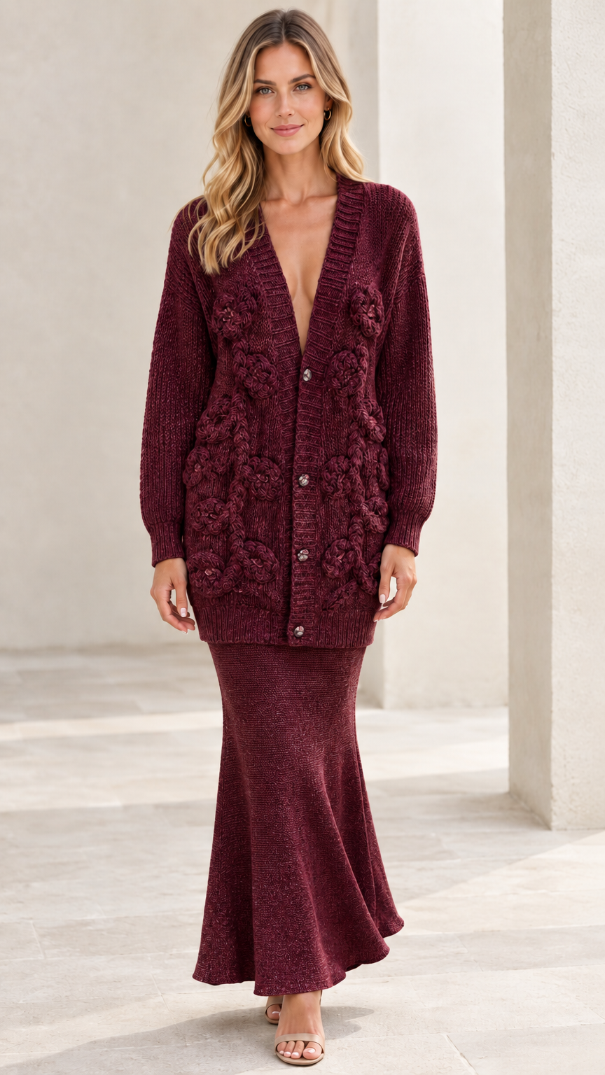 Burgundy wine red floral appliqué cardigan and fluted maxi skirt set