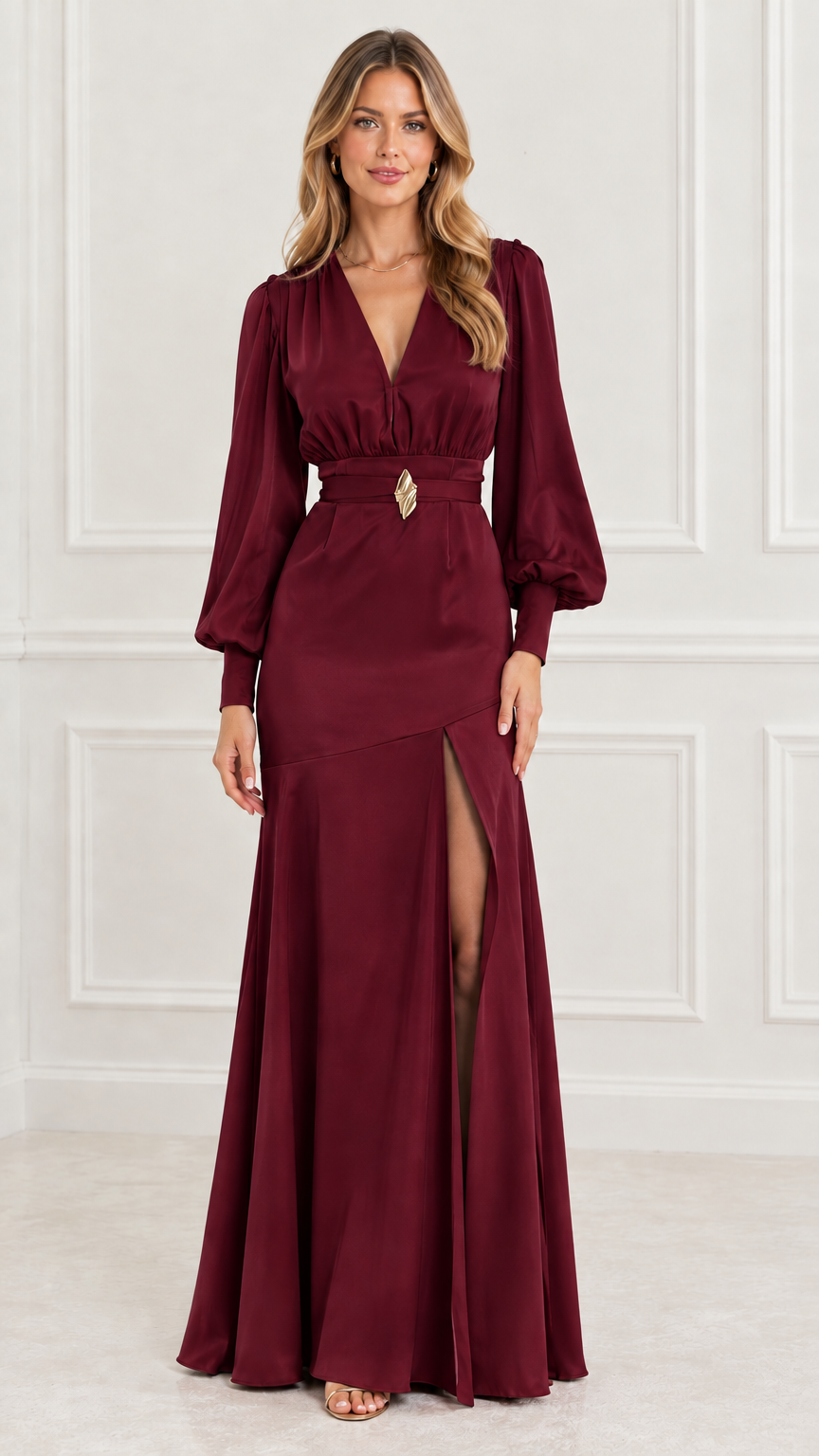 Full-length front view of model in burgundy wine satin long sleeve evening gown