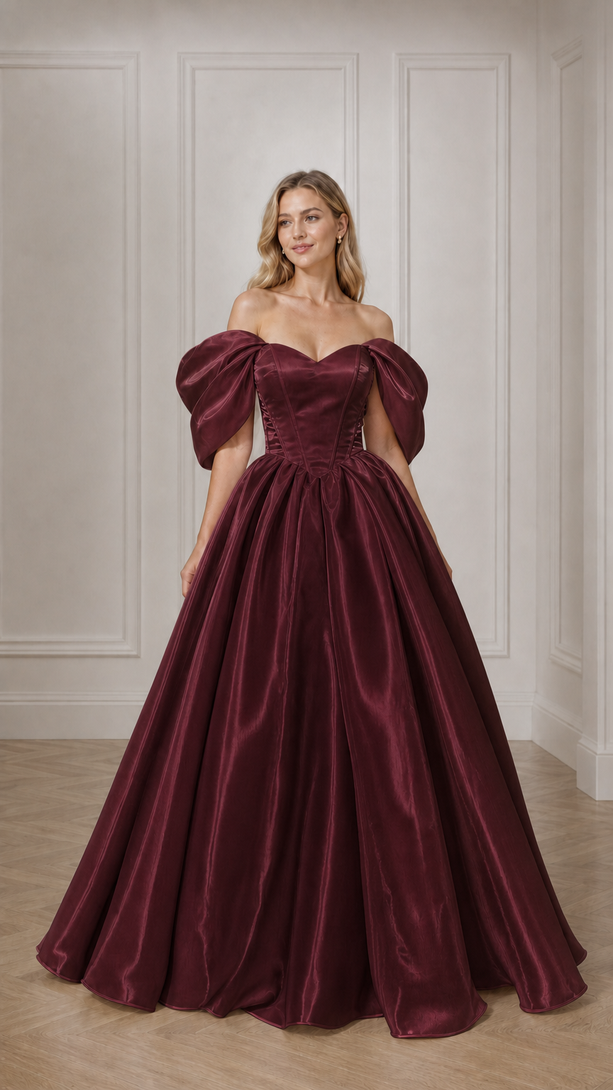 Full view of woman in burgundy off-the-shoulder satin ball gown