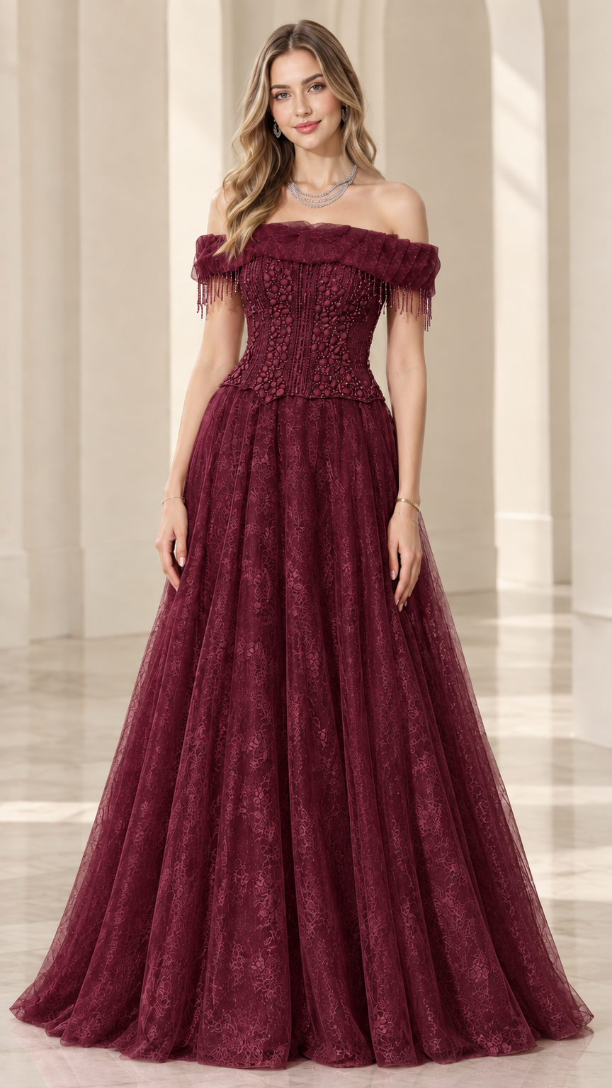 Burgundy wine red beaded off-shoulder formal evening ball gown