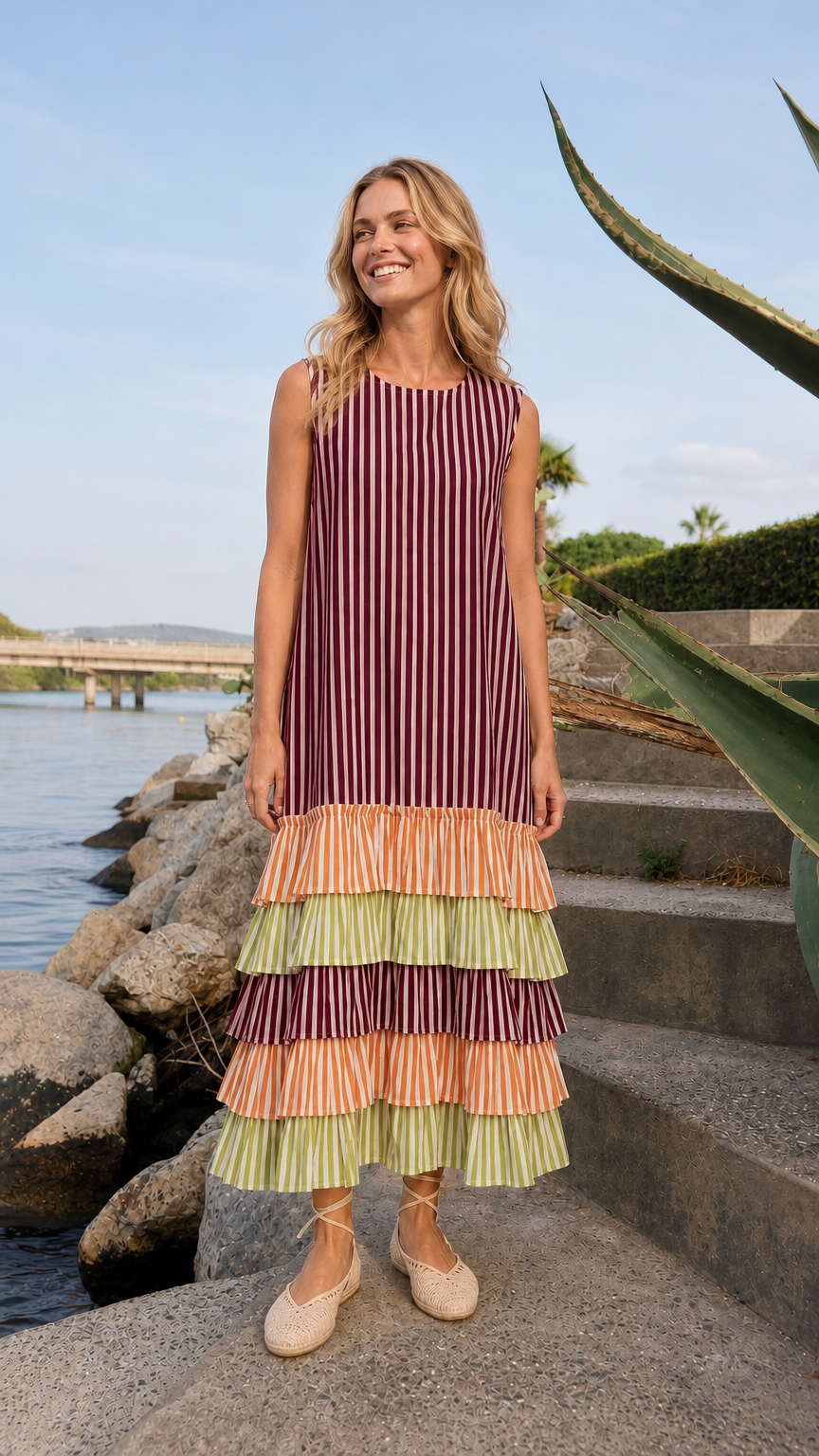 Model wearing burgundy striped tiered ruffle maxi dress