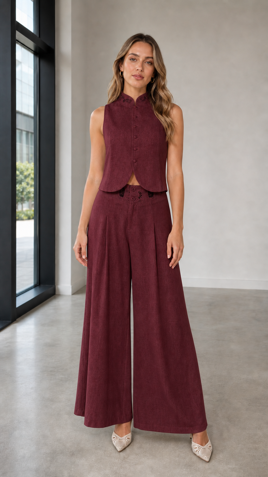 Full-body view of woman in burgundy two-piece set