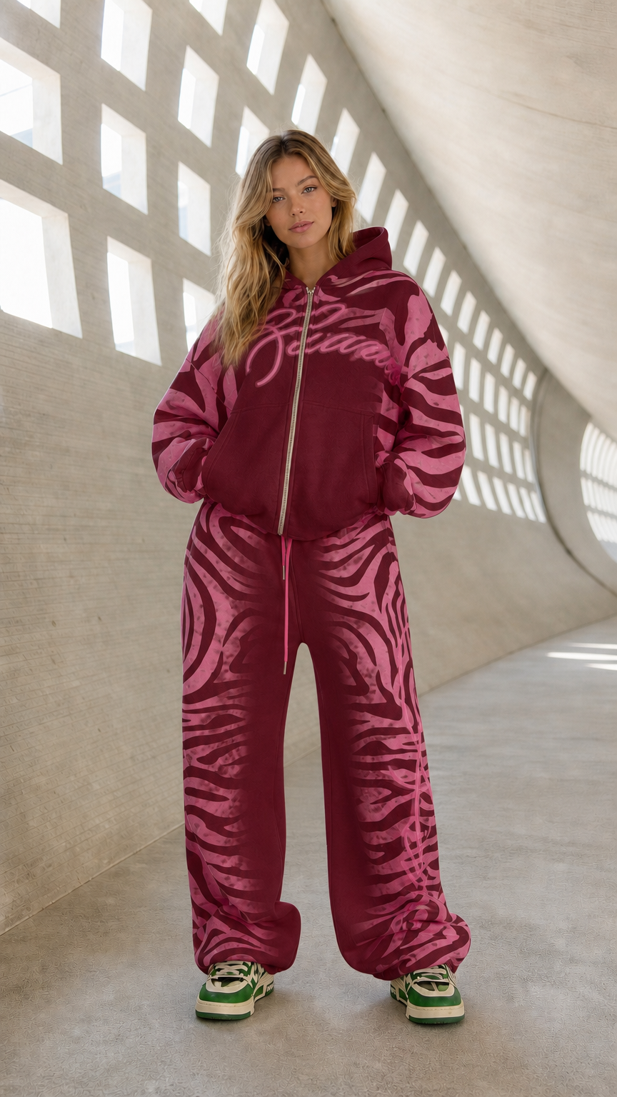 Full front view of model wearing burgundy and pink graphic tracksuit set