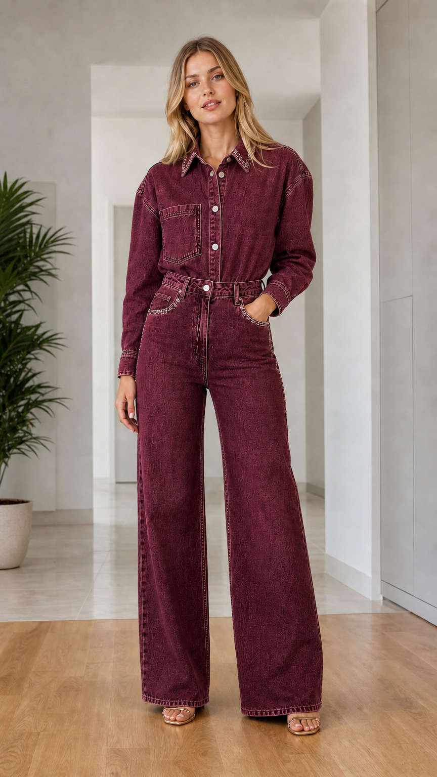 Woman wearing burgundy washed long sleeve wide leg denim jumpsuit with sparkly trims