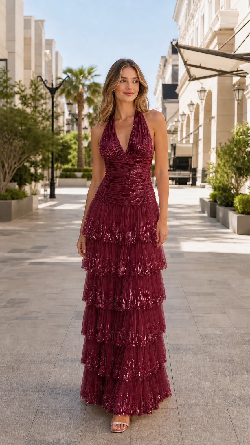 Woman wearing burgundy wine red halter tiered formal evening dress