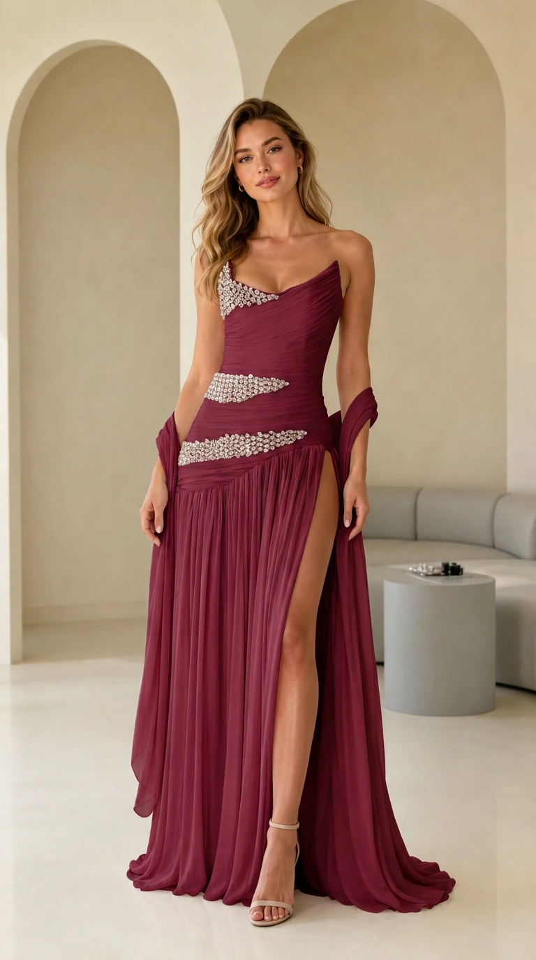 Model wearing deep burgundy one-shoulder crystal-embellished ruched evening gown