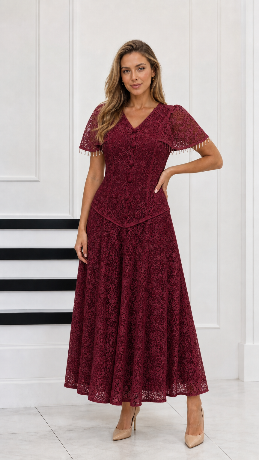 Full-length view of burgundy red floral lace maxi dress for formal events