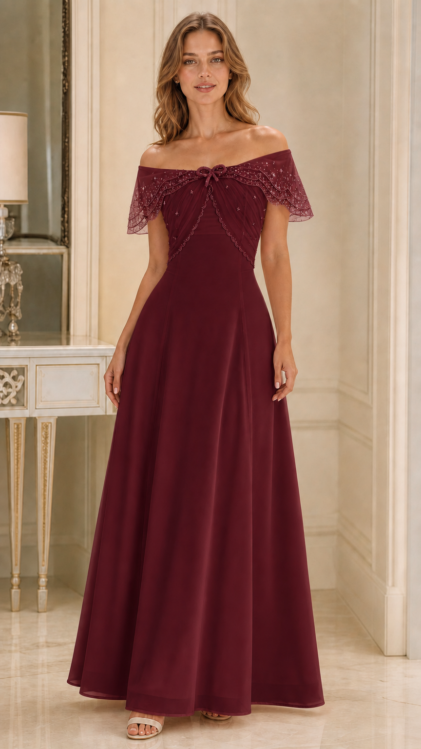 Front view of burgundy wine red off-the-shoulder formal evening maxi gown